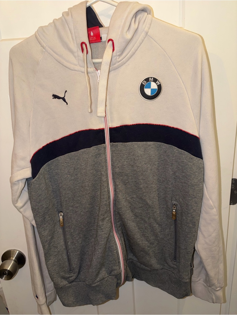Puma BMW Men's Colorblock Zip-Up Hoodie in White, Gray & Navy